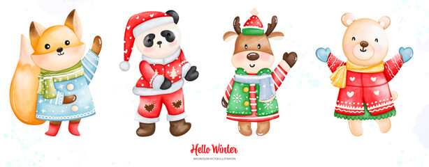 Obraz na płótnie Canvas Watercolor Christmas and winter fox, panda, deer, bear in winter clothing, Watercolor illustration