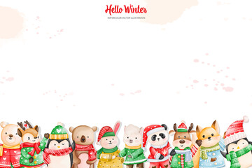 Fototapeta na wymiar Christmas animals background, Watercolor Winter animals, Watercolor illustration
