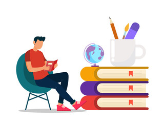 Flat illustration. Concept of reading in the library, acquiring knowledge in schools, based on interests such as science, literature, health, urban situation.