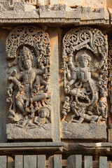 The Sculpture of Hindu God and Goddess on the Hoysaleshwara Temple, Halebeedu, Hassan, Karnataka, India.