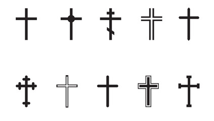 Christian cross icon set. Set of icons of christian and catholic crosses isolated on white background.