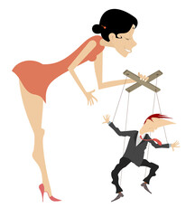 Woman and puppet man concept. 
Young woman master controls man like puppet by cords. Isolated on white illustration
