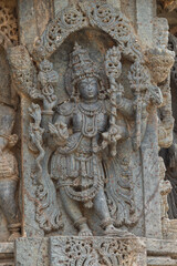 Carving Sculpture of Lord Shiva on the Hoysaleshwara Temple, Halebeedu, Hassan, Karnataka, India.