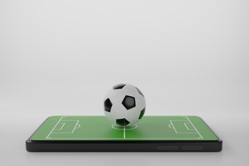 Football online application on smartphone. Soccer fields screen mobile phone. football news concept. sport channel. 3d rendering.