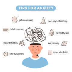 Human head character with anxiety disorder. Useful tips and advices for anxiety management infographic design. Anxious person suffering with mental problem square card. Vector flat style illustration.