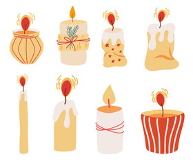 Candles set. Decorative wax candles for relax, interior decor, holiday and Christmas. Wax candles. Hand drawn vector illustration isolated on the white background.