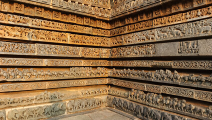 The Beautiful Intricates on the Hoysaleshwara Temple, Halebeedu, Hassan, Karnataka, India.