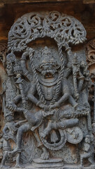 The Carving Sculpture of Lord Narshimha on the Hoysaleswara Temple, Halebeedu, Hassan, Karnataka, India.