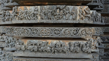 The Beautiful War Scenes Carvings on the Hoysaleshwara Temple, Halebeedu, Hassan, Karnataka, India.