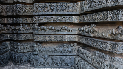 The Beautiful Intricates on the Hoysaleshwara Temple, Halebeedu, Hassan, Karnataka, India.