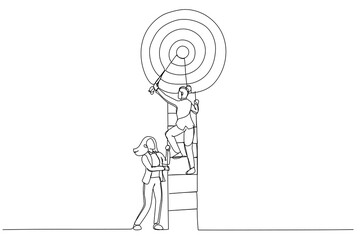 Drawing of businesswoman climbs a ladder in target. Metaphor for teamwork. Continuous line art