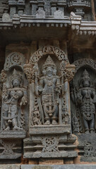 Carving Sculpture of Lord Shiva on the Hoysaleshwara Temple, Halebeedu, Hassan, Karnataka, India.
