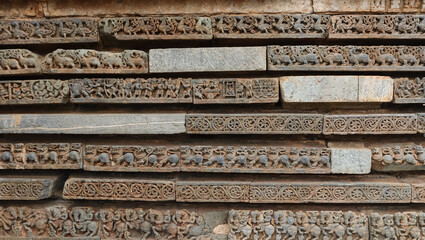 The Sculptures of Animals and War Scenes on the Hoysaleshwara Temple, Halebeedu, Hassan, Karnataka, India.