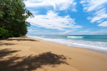 Beach and tropical sea in Phuket Thailand,Landscape summer beach background,Sunny clear blue sky at the sea in Phuket Thailand. Beautiful scene of blue sky and clouds on a sunny Good weather day