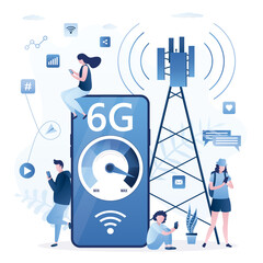 Big mobile phone, various people surfing in web online, communication tower. 6G fast speed internet connection. Young adults with smartphones using wireless internet.