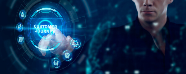 Inscription Customer journey on the virtual display. Business Technology Internet and network concept