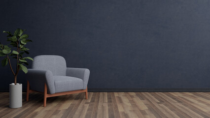 3D Modern Minimalist Concept Interior Design Of Living Room, Dark Background, Grey Single Sofa With Green Plant On The Side, Wooden Floor Texture