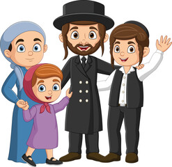 Cartoon jewish family standing together celebrating hanukkah