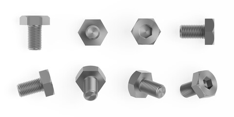 Stainless steel hex allen head screw in various positions for online shop product card. Isolated on white background. 3d illustration