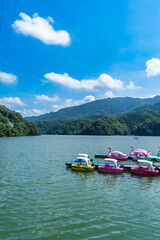 Fototapeta na wymiar 夏の日本の相模湖に浮かぶボート