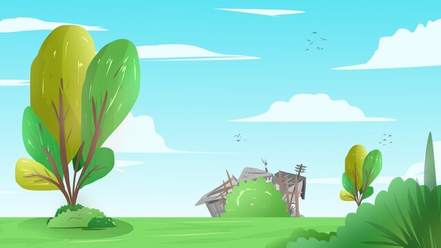 garden animated background. beautiful garden cartoon background in the morning. rural background. background of buildings on the highway