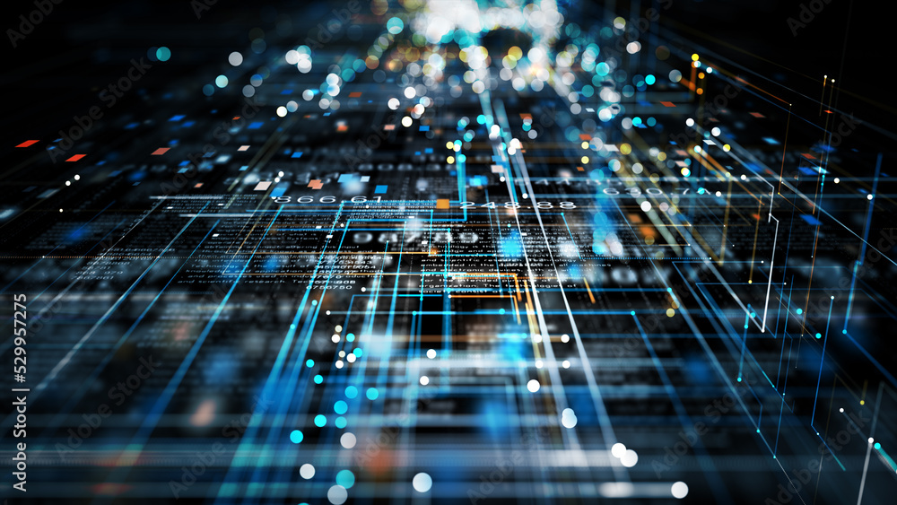 Poster Technology Internet Connection and Data Analysis, Digital Cyberspace with Particles and Digital Data Network Connections. Technology Digital Abstract Background. 3d rendering