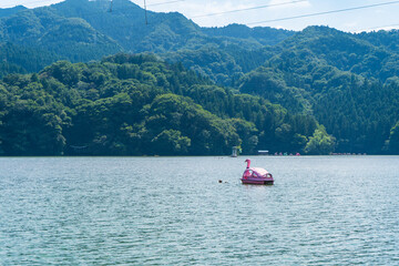 夏の日本の相模湖に浮かぶボート