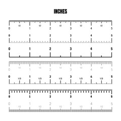 Realistic black inch scale for measuring length or height. Various measurement scales with divisions. Ruler, tape measure marks, size indicators. Vector illustration