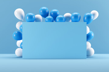 Empty blank blue sign framed with blue and white balloons. Background or mockup for celebrations, party, greetings and invitations.