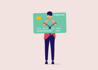 Credit Card Debt Slavery Concept. Sad Businessman With Handcuffs Trapped In A Pillory Credit Card Shaped Design. Full Length. Flat Design Style, Character, Cartoon.