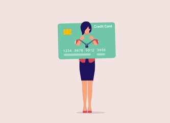 Credit Card Debt Slavery Concept. Sad Businesswoman With Handcuffs Trapped In A Pillory Credit Card Shaped Design. Full Length. Flat Design Style, Character, Cartoon.