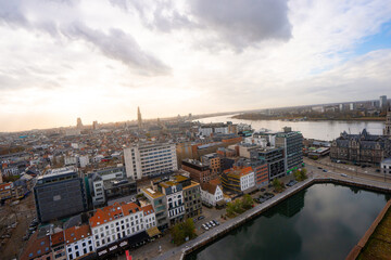 Museum aan de Stroom , Ethnographic  and Maritime Museum with Rooftop view in Antwerp during winter during sunset :  Antwerp , Belgium : November 29 , 2019
