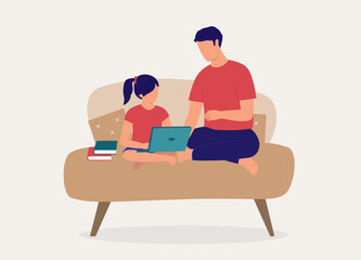 Fototapeta premium Father Helping His Daughter With Her Homework Using Laptop. Full Length. Flat Design Style, Character, Cartoon.