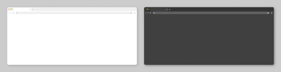 Blank web browser window with tab, toolbar and search field. Modern website, internet page in flat style. Browser mockup for computer, tablet and smartphone. Light and dark mode. Vector illustration