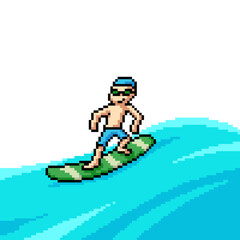 pixel art man play surfboard