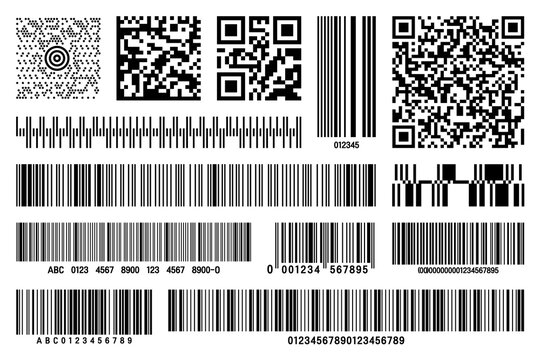 Set of product barcodes and QR codes. Identification tracking code. Serial number, product ID with digital information. Store or supermarket scan labels, price tag. Vector illustration.
