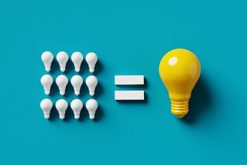 Small ideas make a big one. Teamwork, brainstorming, synergy and collaboration in idea development and innovation.