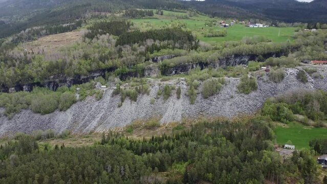 Distant aerial view showing landfill from crushed slate rock in Nordheim and Lemme at Voss Norway