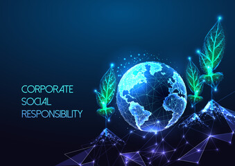 Corporate social responsibility, sustainable agriculture concept with planet Earth and sprout field