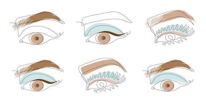 Set of beautiful Womans Eyes in Line art style. One Line drawing, continuous Line, linear, minimalism. Vector hand drawn isolated illustrations.