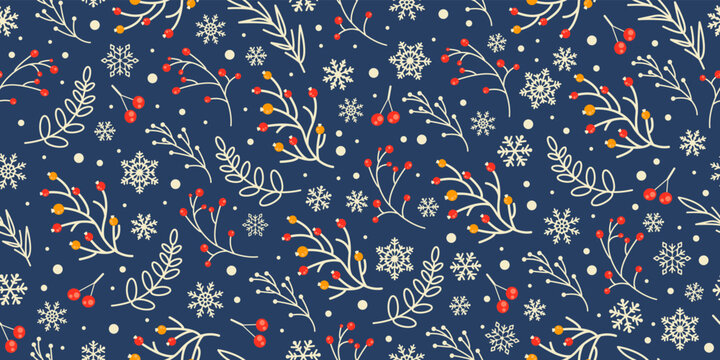Winter Seamless vector Pattern with branches, leaves, Berries and snowflakes. Christmas design for greeting cards, wrapping papers, wallpaper, fabric prints. Merry Christmas, Happy New Year. 