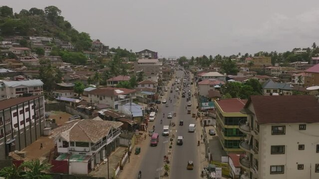 Aerial footage of a busy road in Freetown, Sierra Leone.