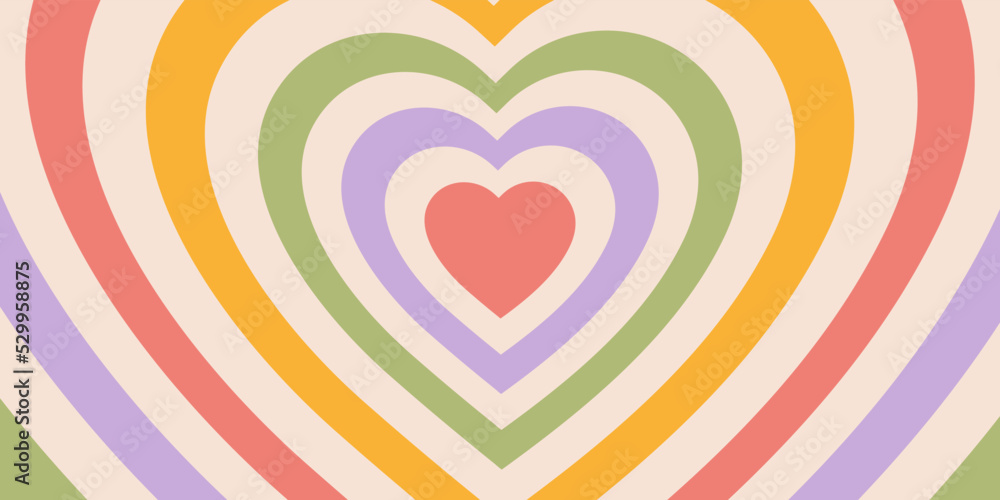 Poster retro horizontal background of heart shaped tunnel. rainbow romantic pattern in style 60s, 70s. past