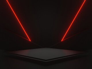 Black product stand with red neon lights. © Kavik