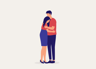 Emotional Married Couple Having Reconciliation After A Fight, Husband And Wife Hugging Each Other. Full Length. Flat Design Style, Character, Cartoon.