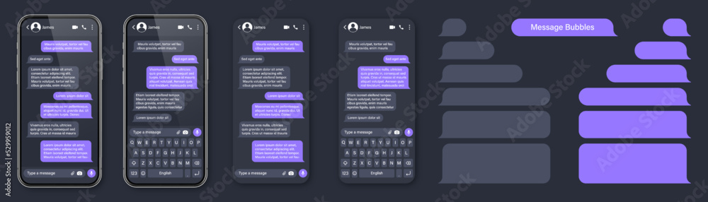 Wall mural Realistic smartphone with messaging app. SMS text frame. Conversation chat screen with violet message bubbles and placeholder text. Social media application. Vector illustration.