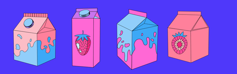 Set of juice packs in pastel colors. Vaporwave and city pop style illustrations for poster or print design.