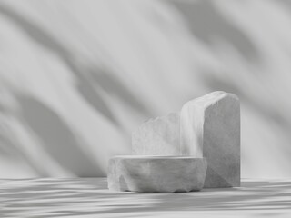 Premium podium display with leaf shadow, Cosmetics or beauty product promotion mockup. Natural stone step pedestal. Trendy minimalist banner, 3D render illustration.