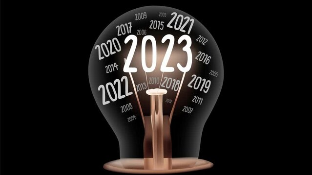 Shining light bulb with New Year 2023 and group of old year numbers going from 2002 to 2022 isolated on black background. Seamless looping. High quality 4k video.