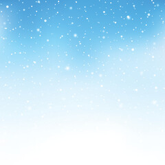 Winter snowfall and snowflakes on light blue background. Xmas and New Year background. Vector